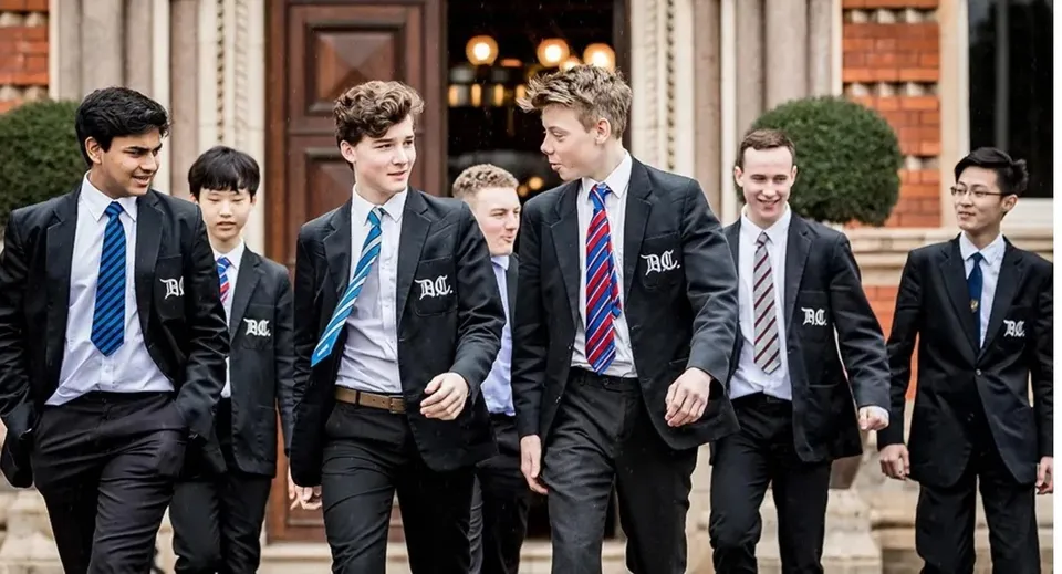 Un gruppo di studenti e studentesse del Dulwich College cammina su un viale lastricato davanti a un edificio storico.