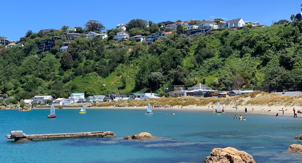Vista di una città costiera con barche a vela e persone che nuotano in acqua vicino al Rongotai College.