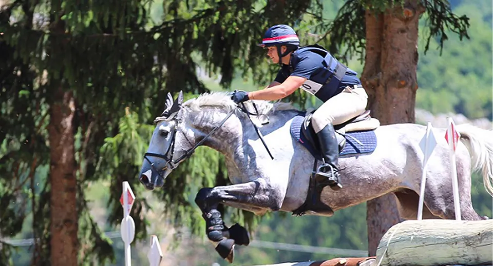 Una studentessa del Carfax College siede su un cavallo bianco in un ambiente boscoso.