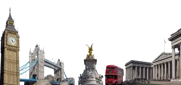 Collage de monumentos de Londres con el Big Ben, el Tower Bridge y un autobús rojo