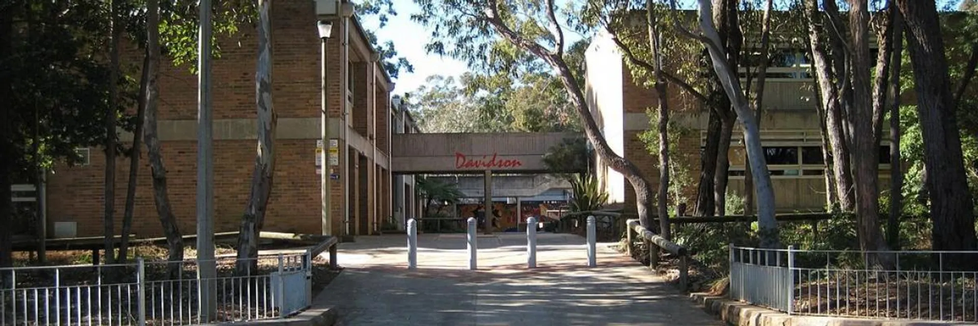 Un sentiero pavimentato attraversa un'area boschiva e conduce all'edificio della Davidson High School sullo sfondo.