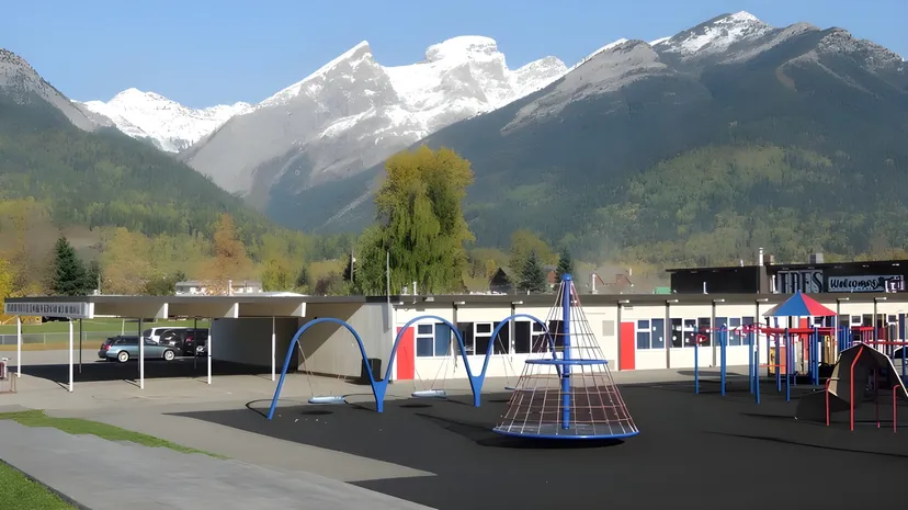 Un parco giochi colorato nel terreno della École Sophie Morigeau con montagne innevate sullo sfondo.