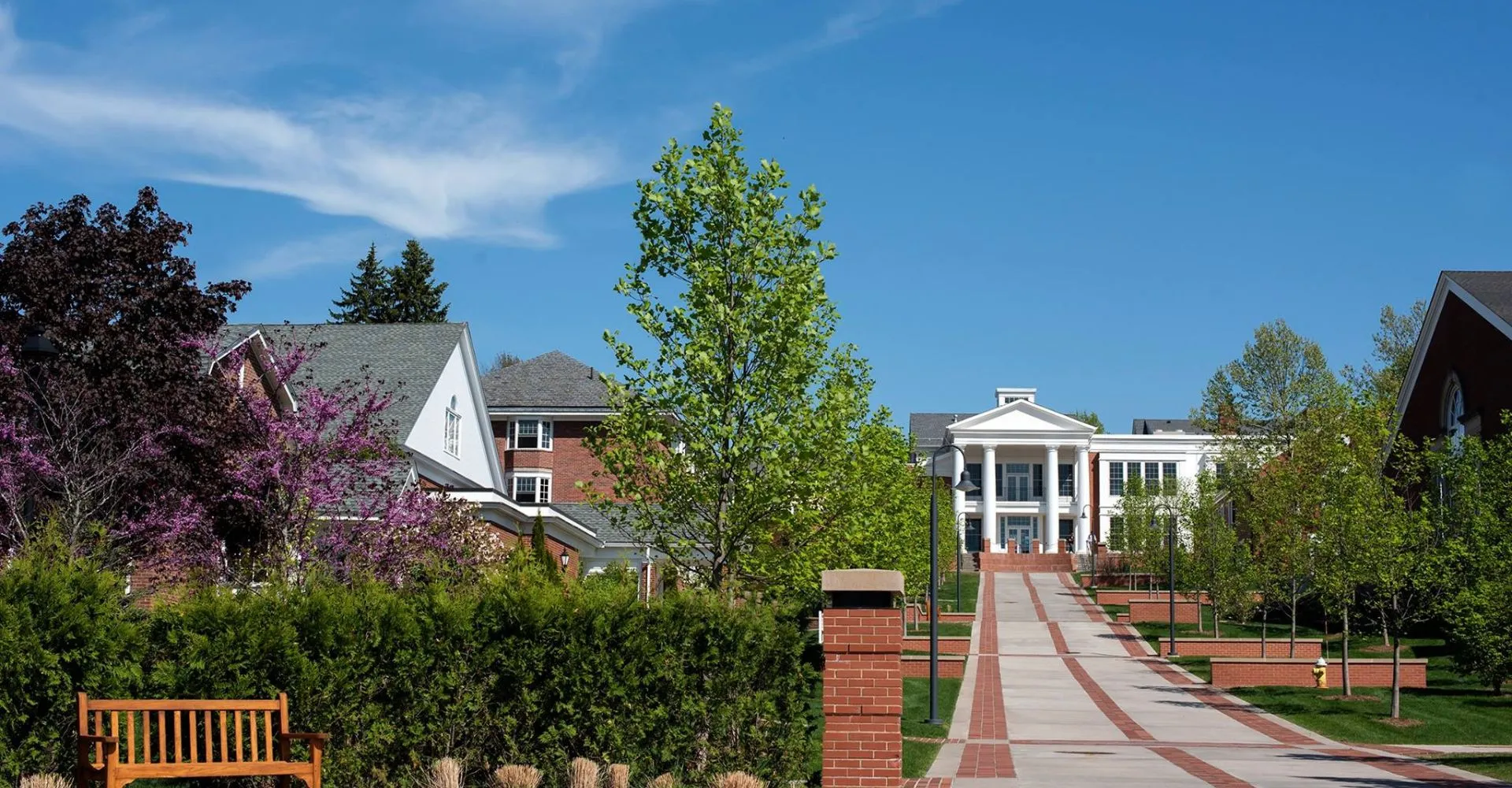 Un viale pavimentato attraversa il campus della Suffield Academy conducendo a un edificio bianco con colonne.