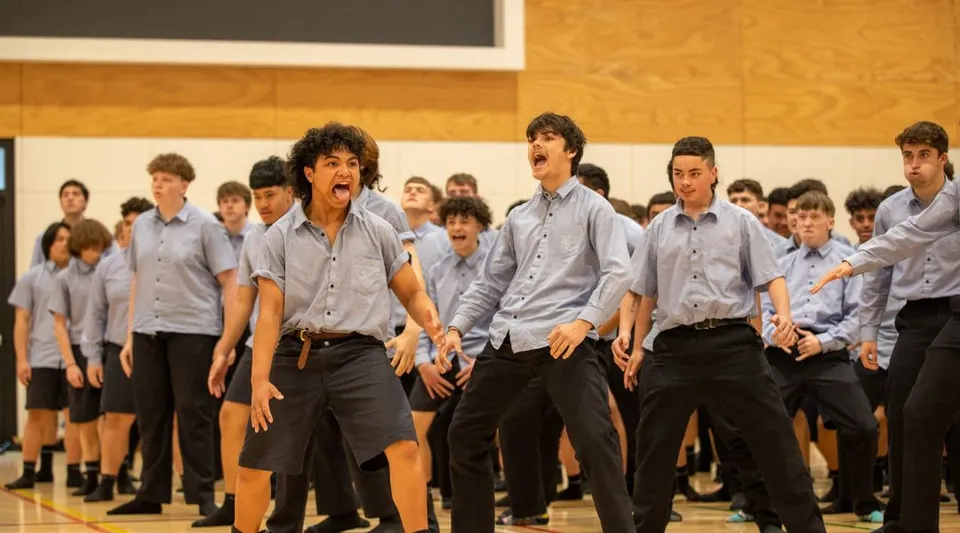 Un gruppo di studenti della Shirley Boys' High School è in fila davanti a un palco di legno.