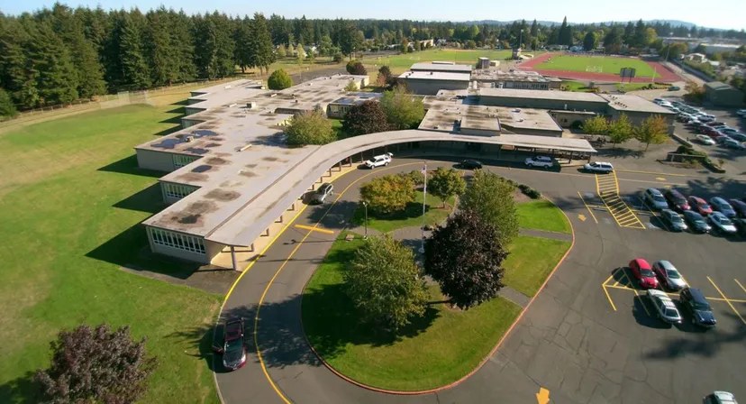Vista aerea del campus della Portland Christian High School con edifici, parcheggio e campi sportivi.