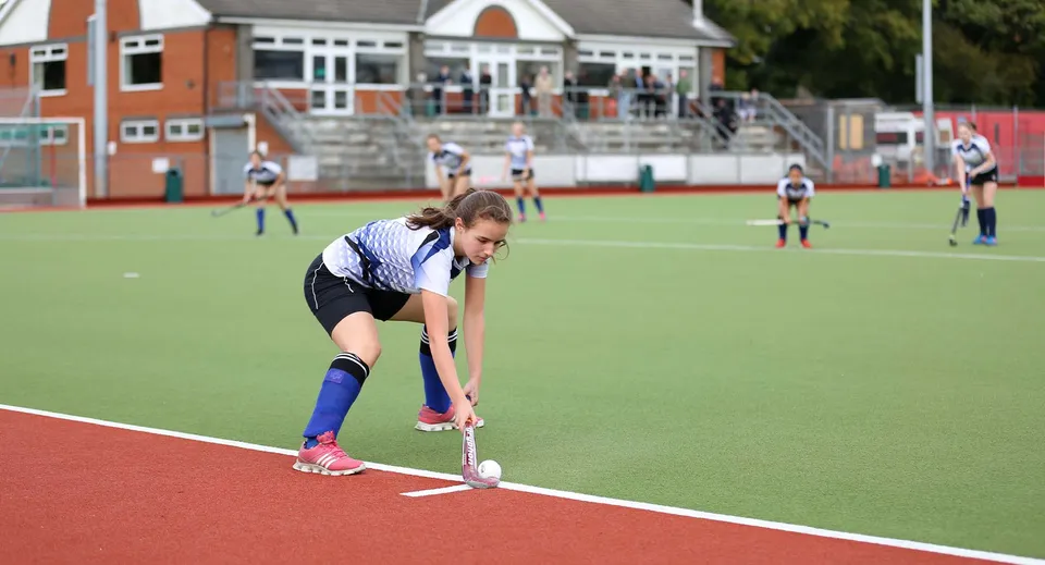 Si vede un'alunna o un alunno della King's School Rochester in abbigliamento sportivo sul campo da gioco in posizione accovacciata.