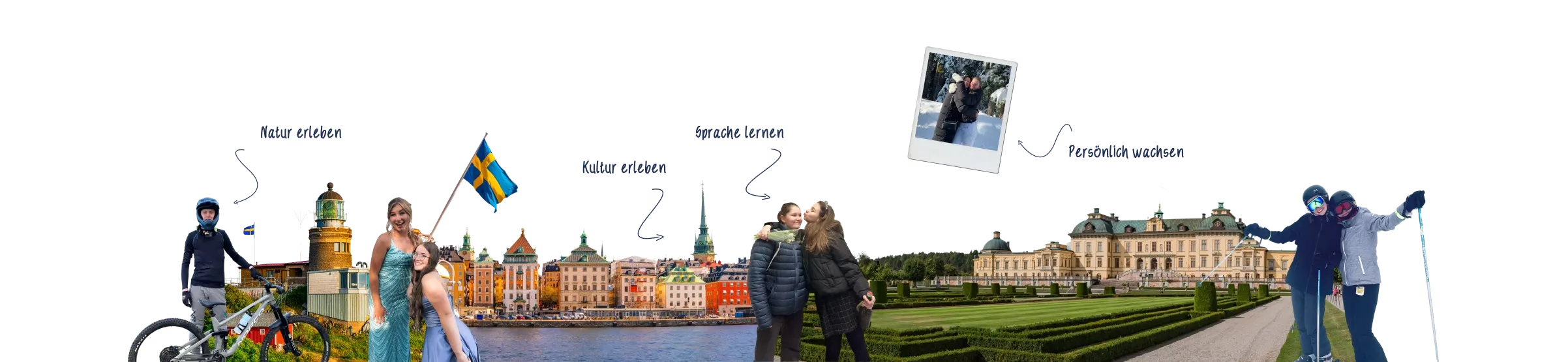 Fotocollage Schweden: Leuchtturm, schwedische Flagge und Schloss Drottningholm. Natur erleben, Kultur erleben, Sprache lernen, Persönlich wachsen