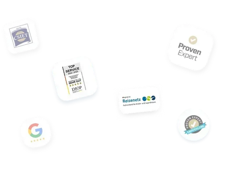 Collage di badge e certificazioni di qualità: Google, ProvenExpert, CSIET e Reisenetz