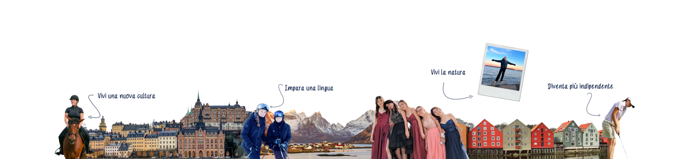 Collage di scene scandinave: equitazione, sci, aurora boreale e case colorate sul porto