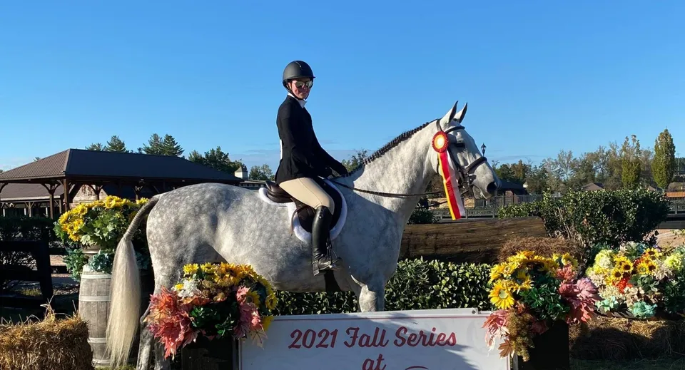 Una cavallerizza della Solebury School su un cavallo grigio con una coccarda di premiazione.