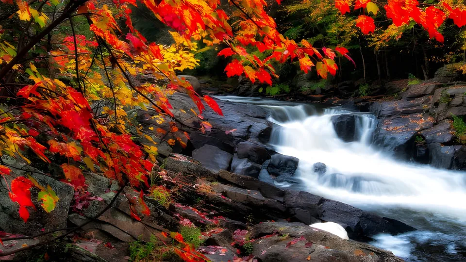 Una cascata scorre attraverso un paesaggio autunnale con foglie colorate nel terreno della École Marie-Esther.