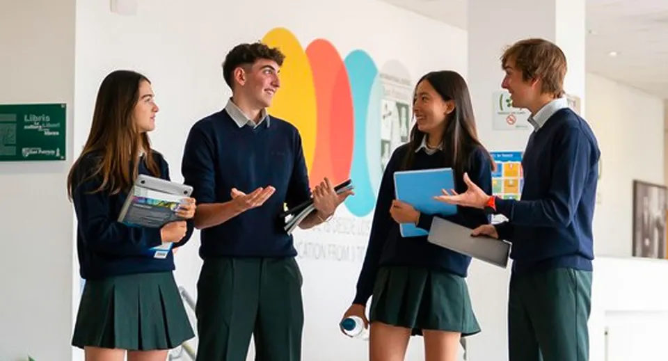 Quattro studenti chiacchierano nel corridoio della International School San Patricio Toledo davanti a un murale colorato.