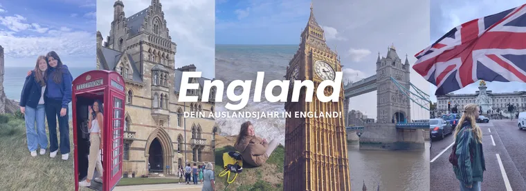 Collage mit Big Ben, Tower Bridge, roter Telefonzelle, britischer Flagge und Jugendlichen