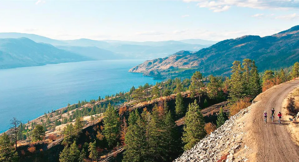 Un sentiero sterrato sinuoso attraversa montagne boscose con un grande lago sullo sfondo nel terreno della Clarence Fulton Secondary School.