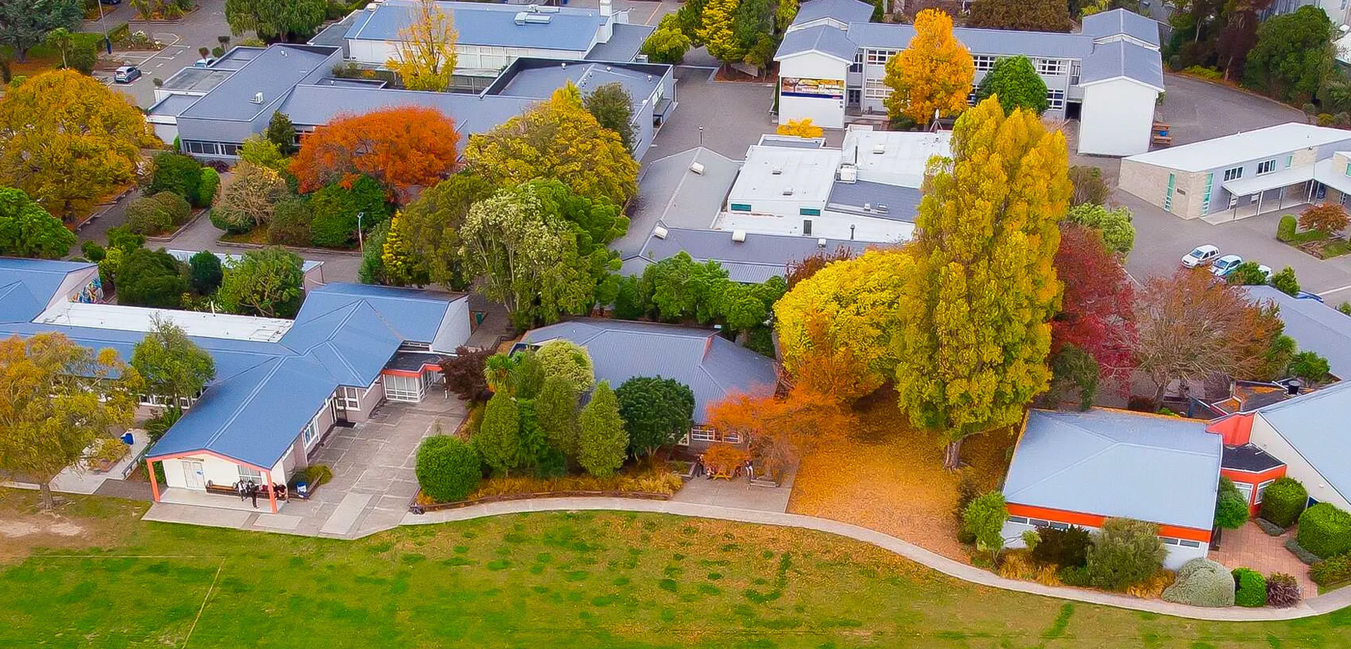Vista aerea di una zona residenziale con foglie autunnali vicino al campus della Riccarton High School.