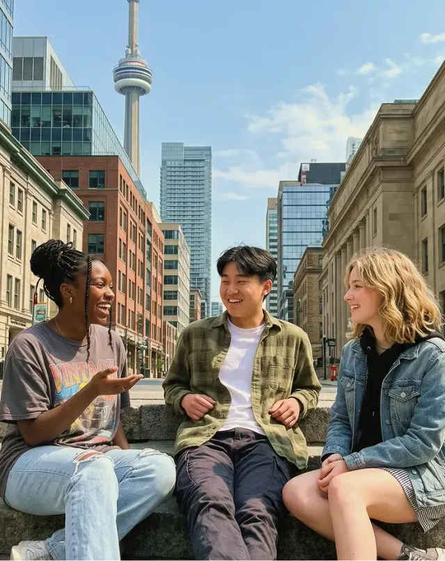 Tre studenti chiacchierano seduti all'aperto davanti allo skyline con la CN Tower