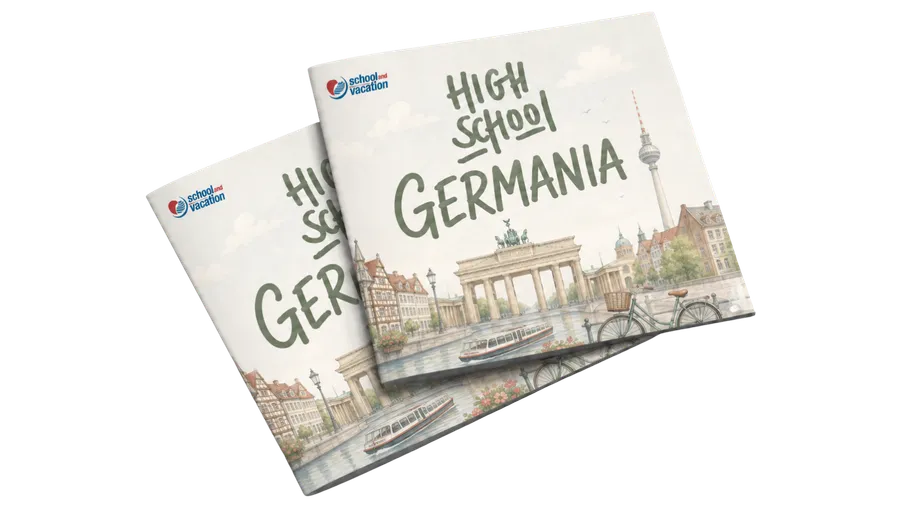 Copertina della brochure High School Germania con illustrazione della Porta di Brandeburgo