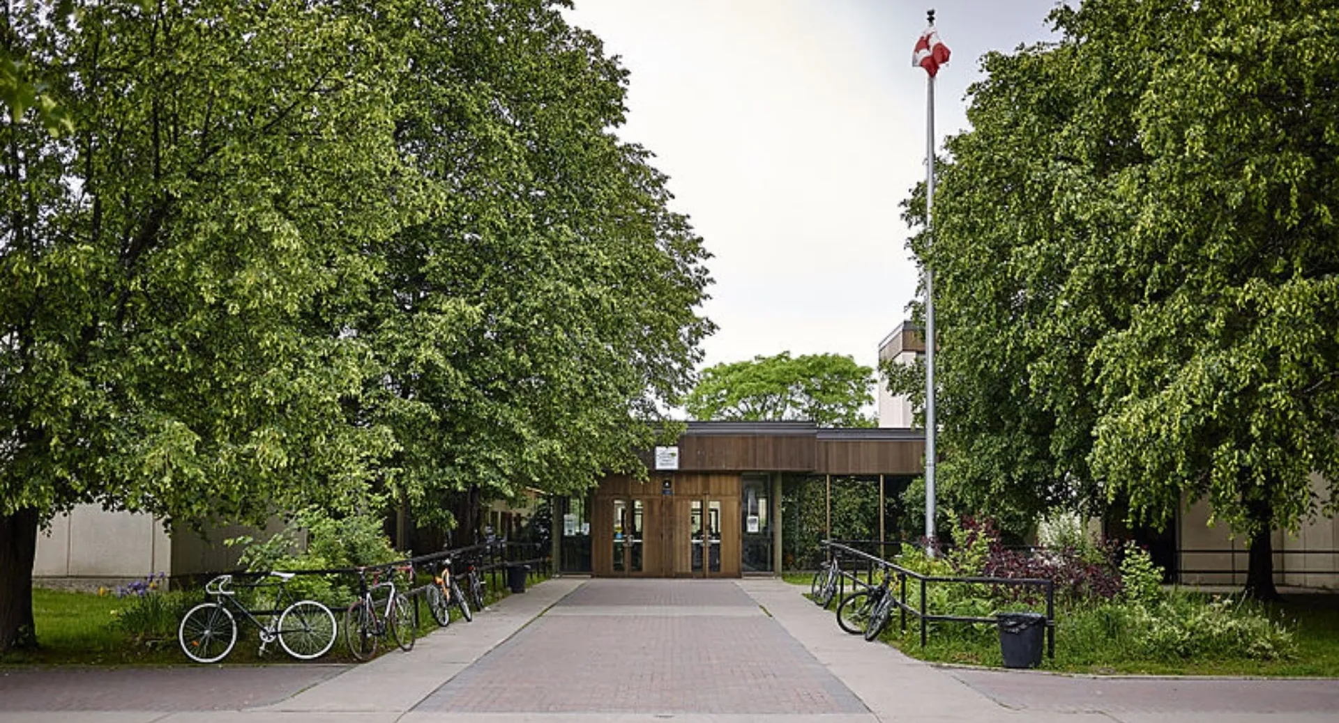 Un viale lastricato con biciclette e alberi nel campus della Colonel By Secondary School.