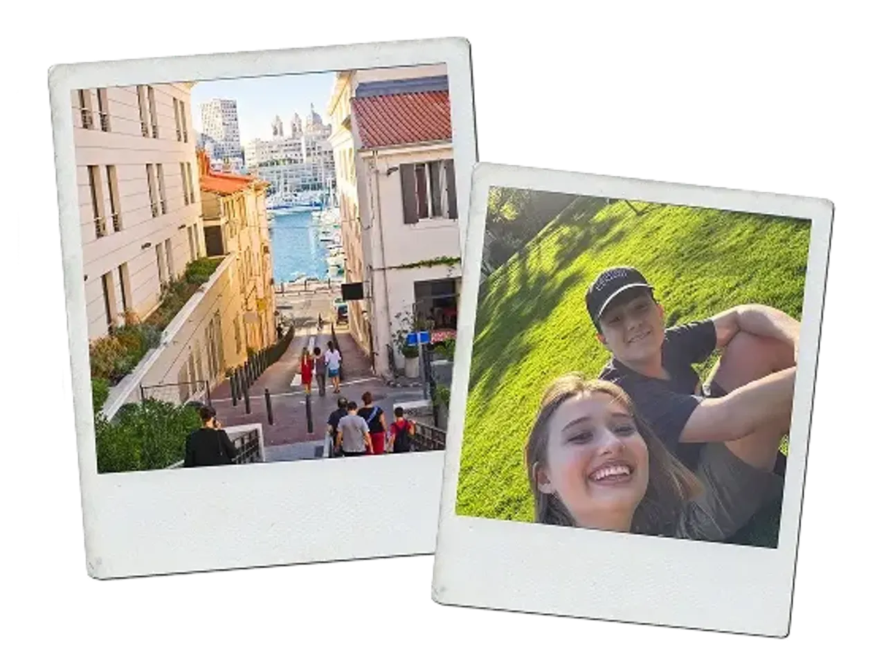 Due foto polaroid: una scalinata verso un porto turistico e un selfie di due ragazzi su un prato