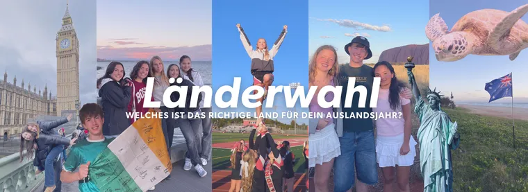 Collage mit Big Ben, Freiheitsstatue, australischer Flagge, Schildkröte und Gruppen von Jugendlichen