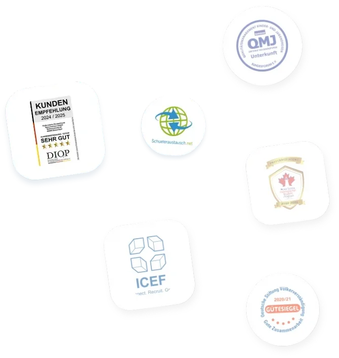 Collage di badge e certificazioni di qualità: recensioni clienti, QMJ, ICEF e sigilli di garanzia