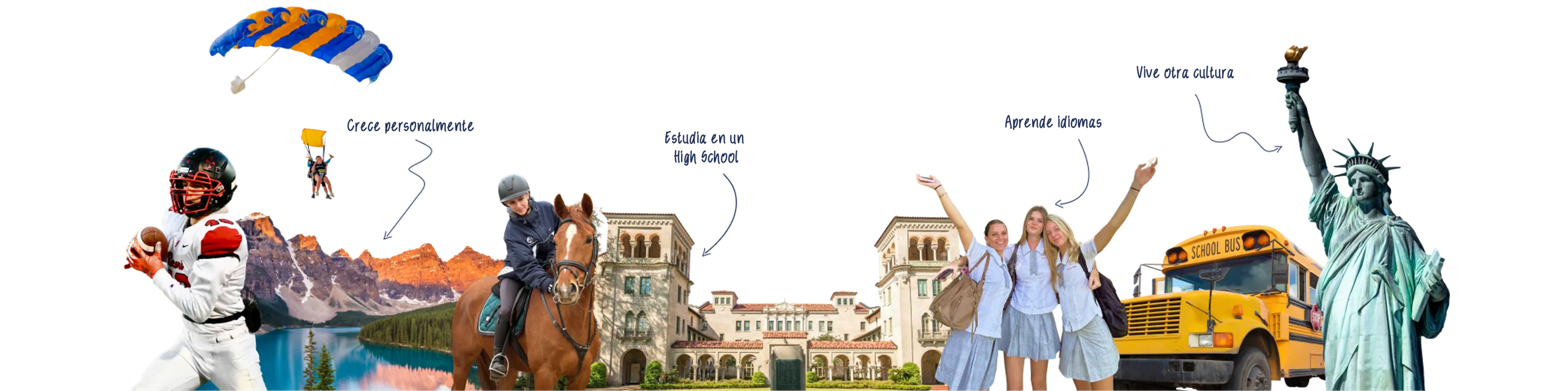 Collage sobre el año escolar en el extranjero con un jugador de fútbol americano, una amazona, un autobús escolar y la Estatua de la Libertad