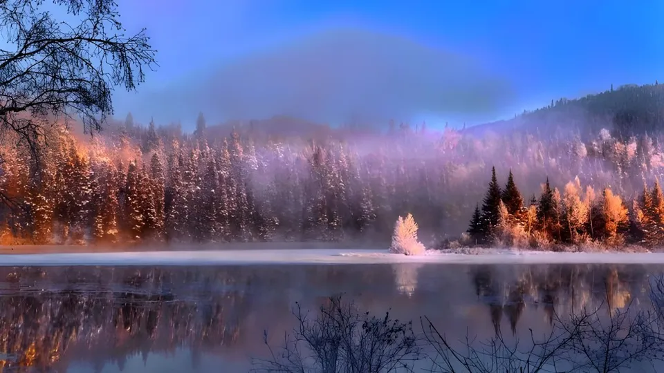 Un lago tranquillo con alberi innevati vicino alla Cité des Jeunes A.-M.-Sormany.