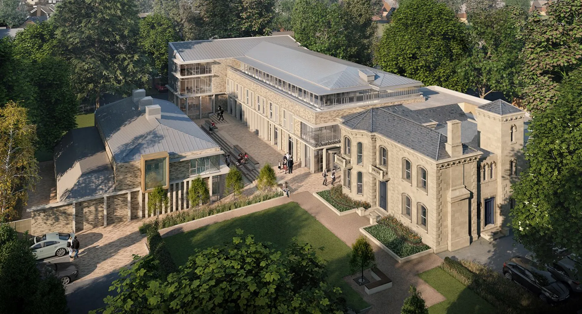 L'ampio edificio principale in pietra del D'Overbroeck's College è circondato da alberi e aree verdi.