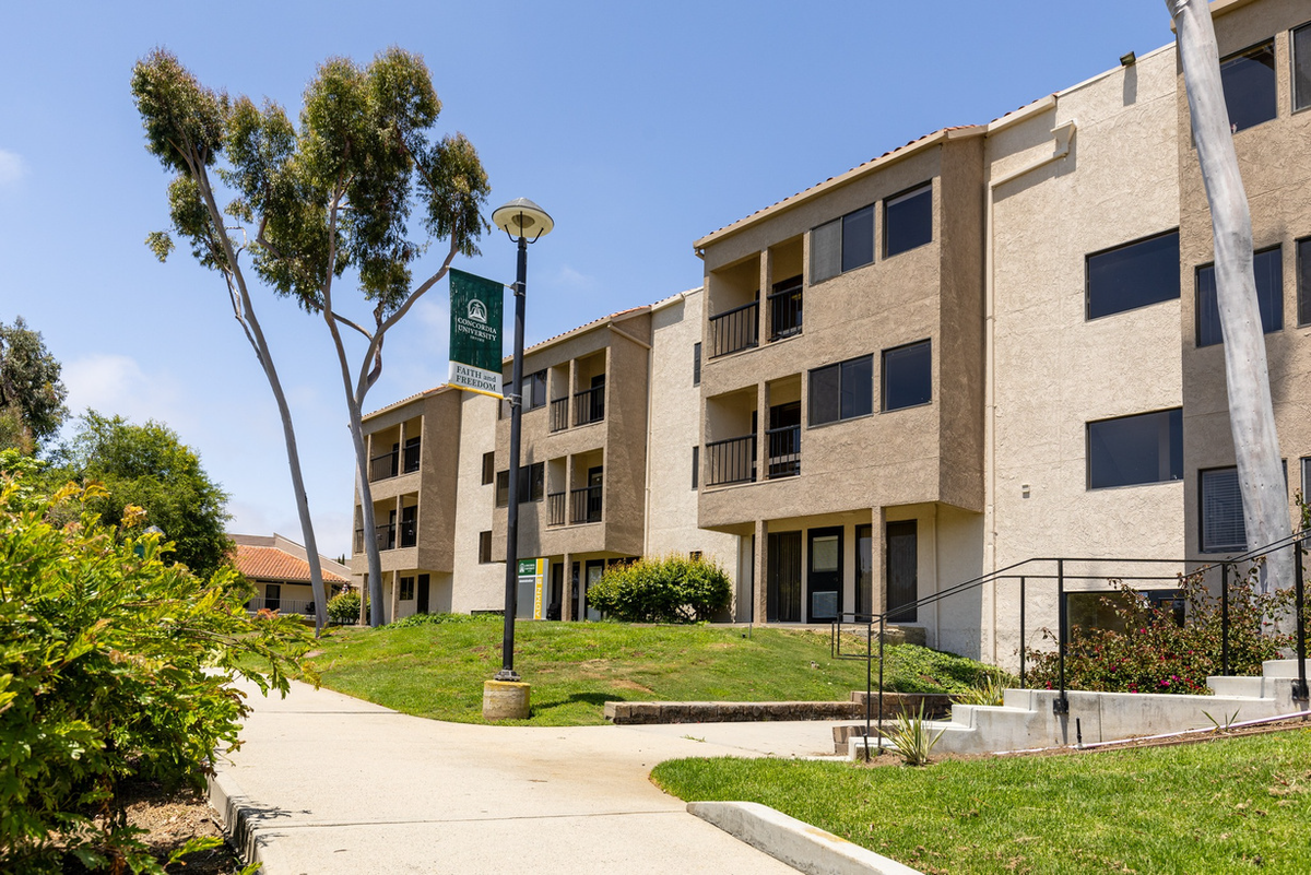 Edificios de la residencia del campus con camino de acceso y farolas