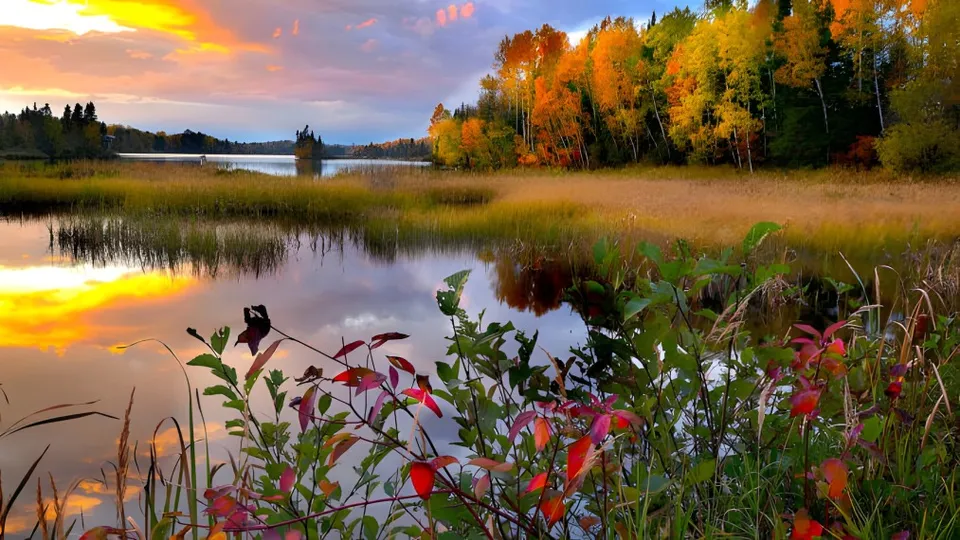 Un lago calmo in autunno con alberi colorati sulla riva nei pressi della Québec High School.
