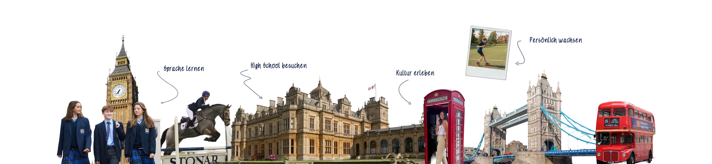 Fotocollage England: Big Ben, Schüler in Uniform und Doppeldeckerbus. Sprache lernen, High School besuchen, Kultur erleben, Persönlich wachsen