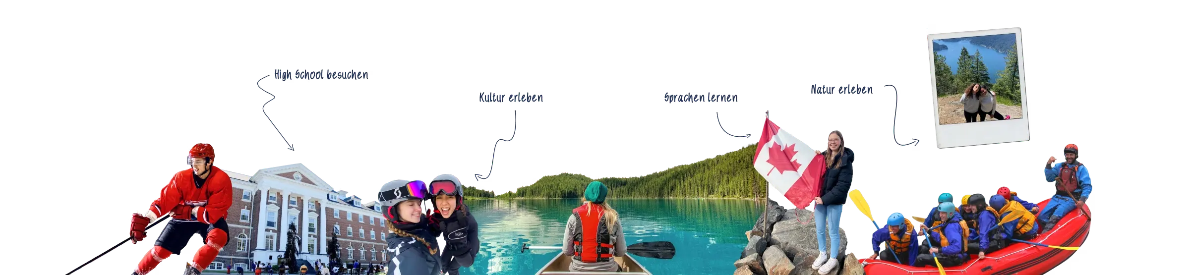 Fotocollage Kanada: Eishockey, Kanu auf einem Bergsee und Ahornflagge. High School besuchen, Kultur erleben, Sprachen lernen, Natur erleben