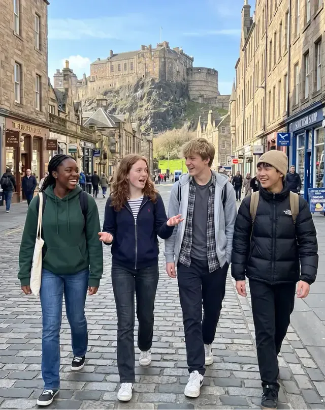 Quattro ragazzi ridono passeggiando in una via del centro con il castello di Edimburgo sullo sfondo