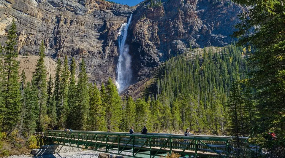 Una cascata scorre lungo un'alta parete rocciosa con vegetazione verde e un ponte di legno in primo piano nel terreno della Elwood Regional High.