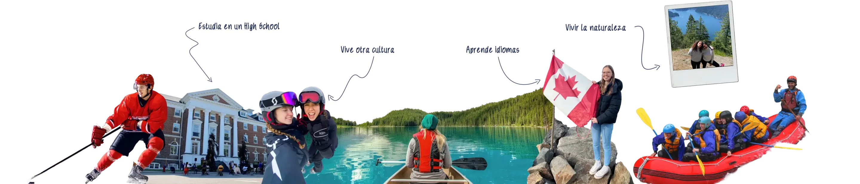 Collage sobre el año escolar en Canadá con un jugador de hockey, una canoa en un lago y una bandera canadiense