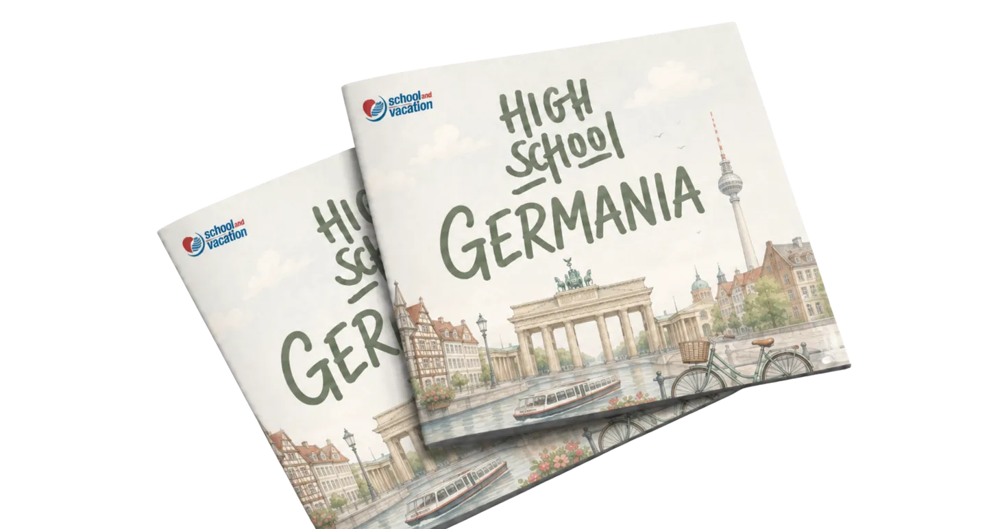 Copertine dell'opuscolo «High School Germania» con la Porta di Brandeburgo e la torre della televisione di Berlino