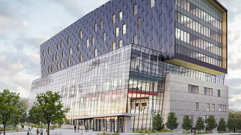 L'edificio moderno a più piani con una struttura geometrica della facciata nel campus del Vancouver Community College.