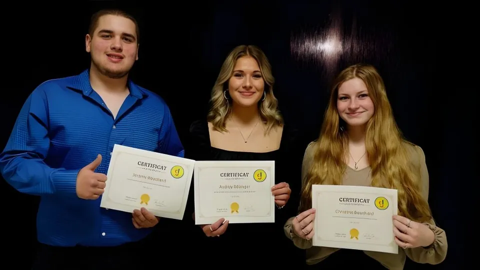 Tre giovani adulti mostrano i loro certificati nel campus della Cité des Jeunes A.-M.-Sormany.