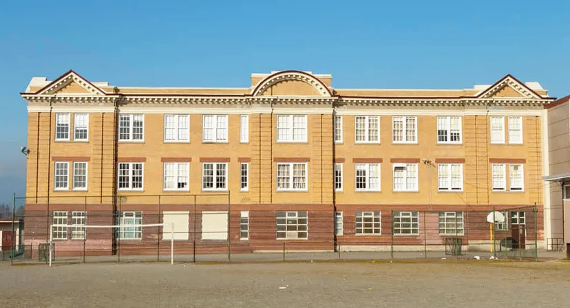L'edificio in mattoni a più piani con dettagli architettonici decorati della Britannia Secondary School è visibile sotto un cielo azzurro limpido.