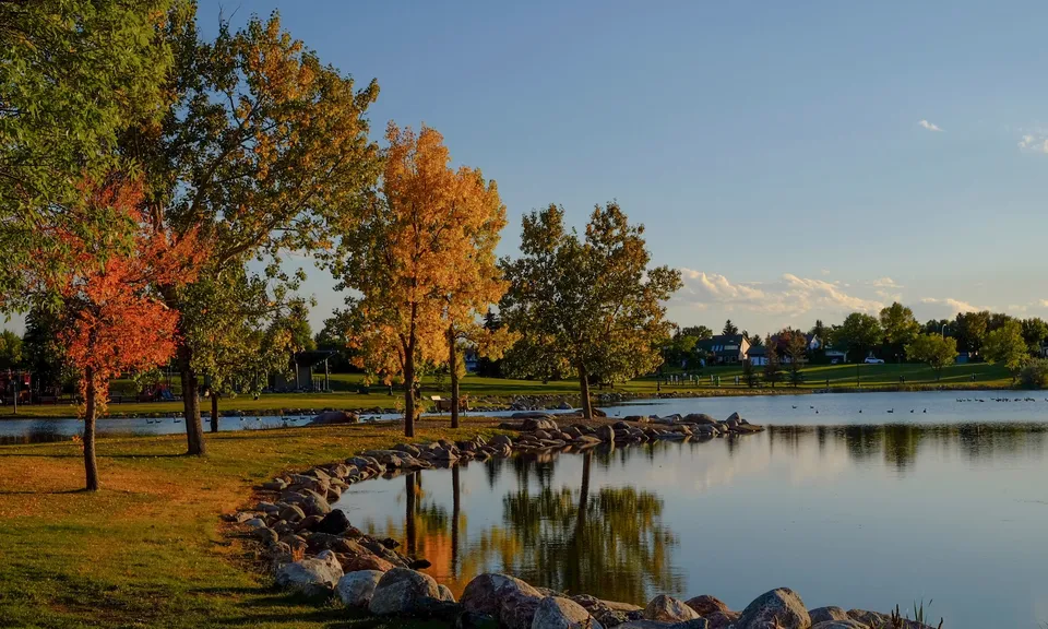 Un lago tranquillo con i colori dell'autunno lungo la riva nel comprensorio della Lethbridge School Division.
