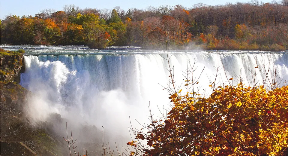 Un'impressionante cascata nel mezzo di un bosco dai colori autunnali all'interno del campus del Collingwood Collegiate Institute.