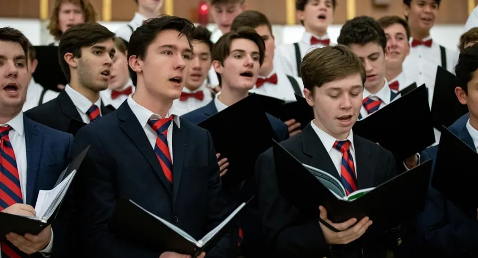 Un gruppo di studenti della Southwest Christian Academy si esibisce come coro in abiti formali.