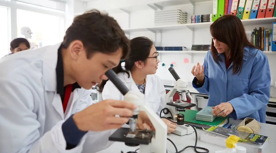 Studenti dell'Abbey College Cambridge lavorano insieme in laboratorio ai microscopi e analizzano campioni.