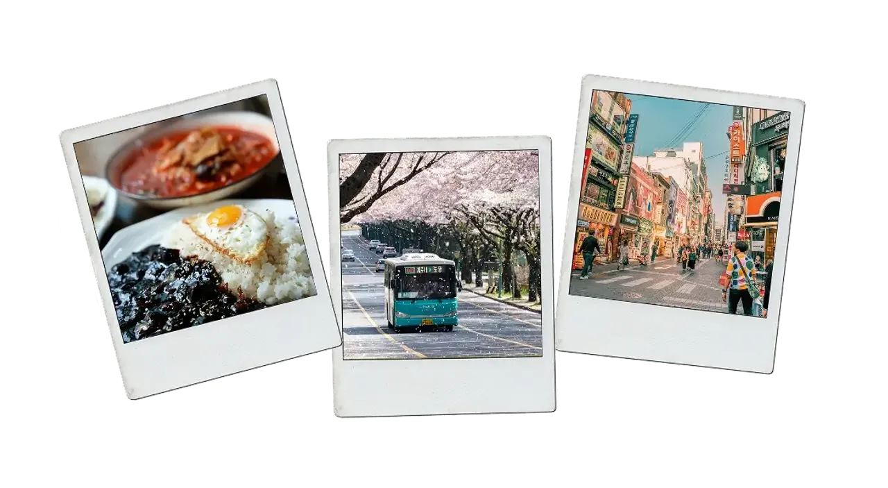 Tre foto polaroid con piatti coreani, un viale fiorito di ciliegi e una via commerciale