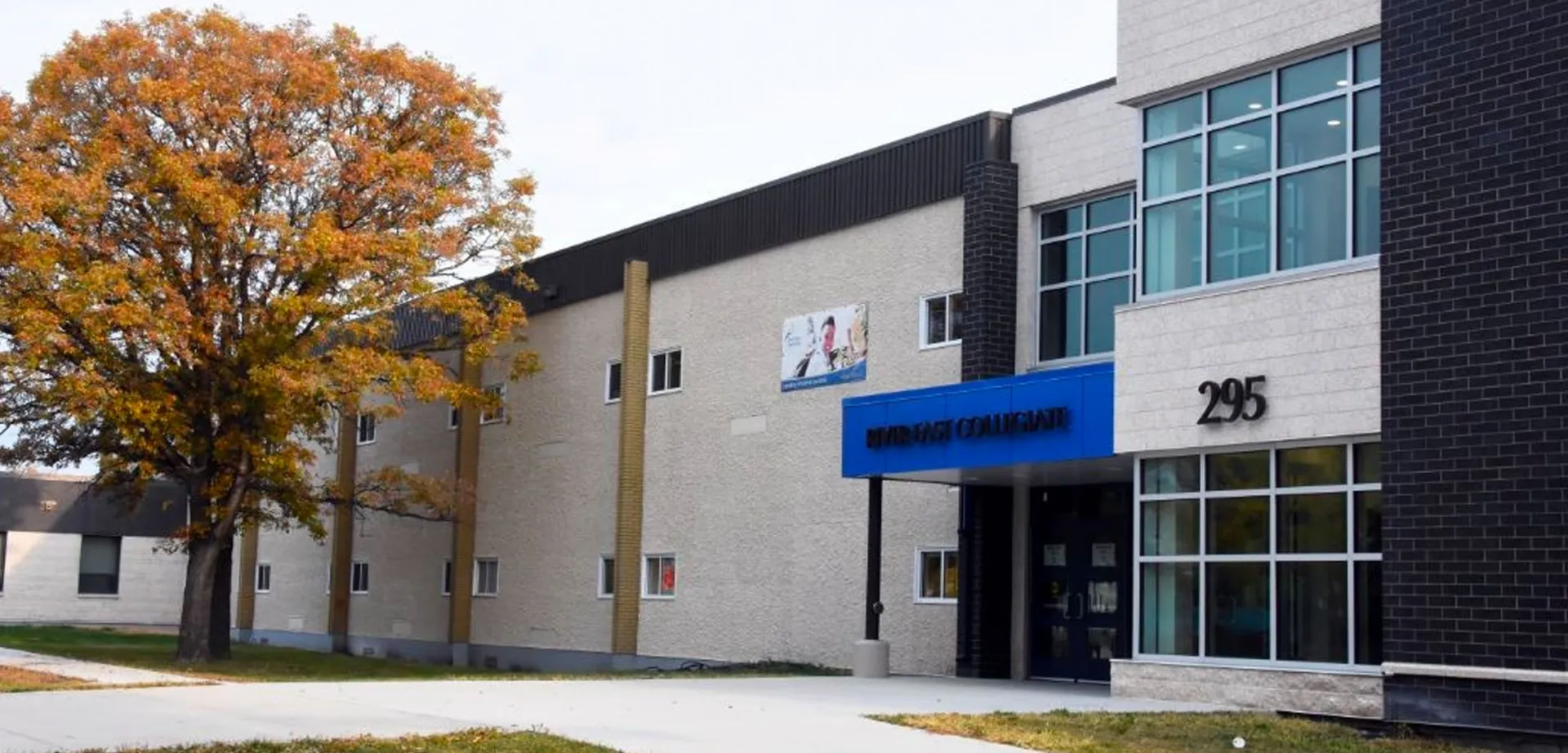 L'edificio moderno a più piani del River East Collegiate è circondato da alberi con foglie autunnali.