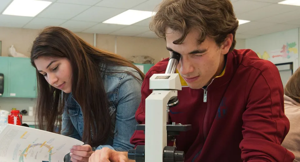 Due studenti della Mt. Sentinel Secondary School lavorano insieme concentrati su un documento durante la lezione.