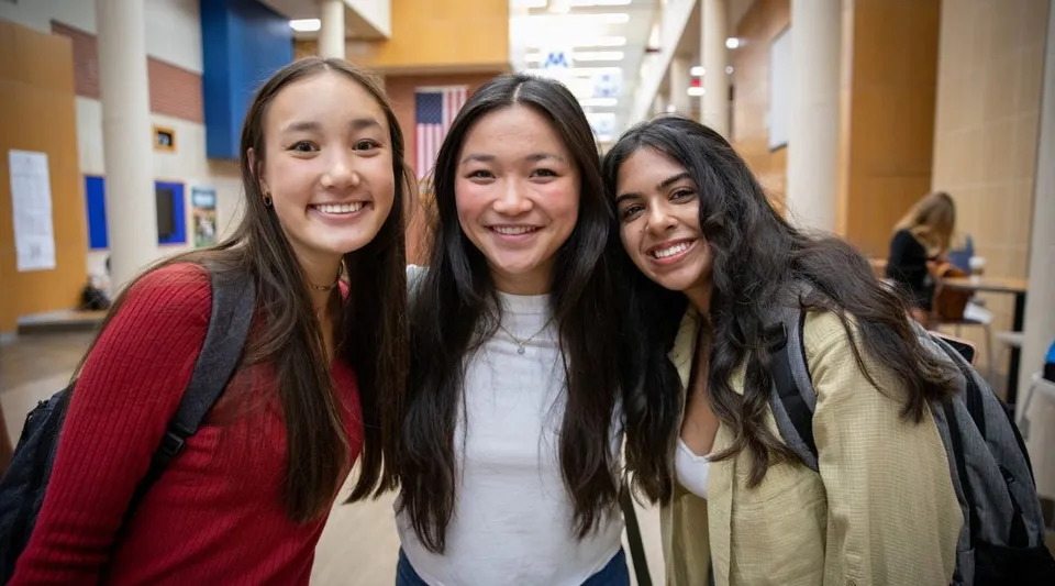 Tre studentesse con i capelli lunghi e scuri sorridono insieme nel corridoio delle Minnetonka Public Schools.