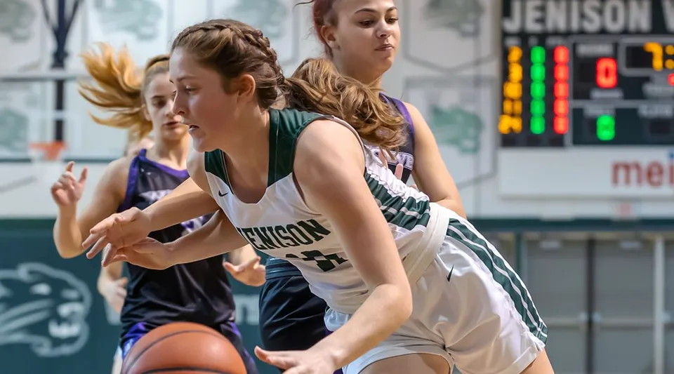 Due giocatrici di basket lottano per il pallone sul campo da gioco presso le Jenison Public Schools.