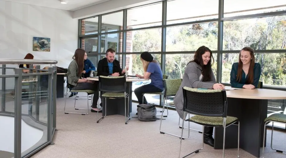 Un gruppo di studenti della Wollongong University discute insieme in un moderno ufficio in vetro.
