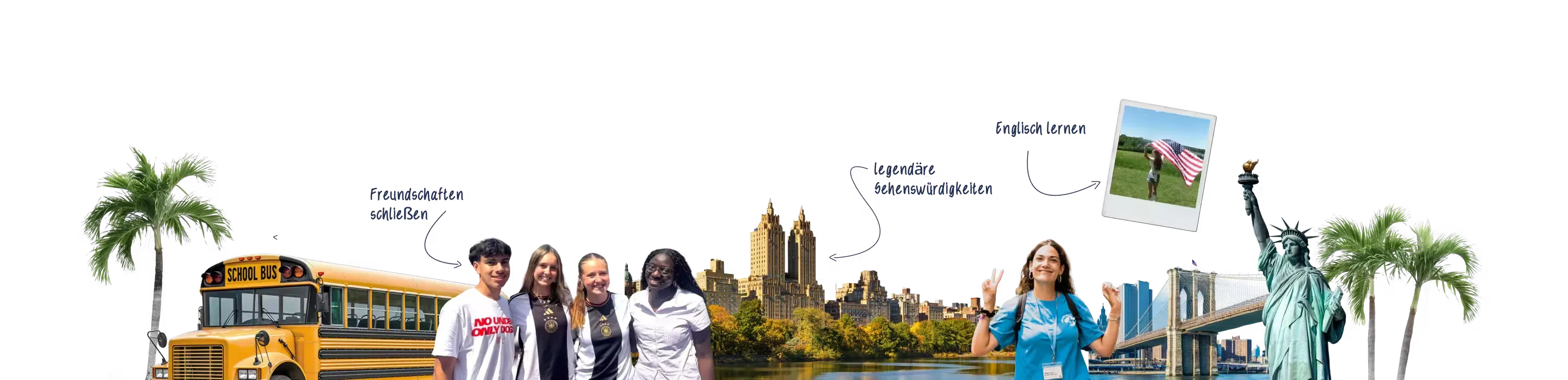 Collage aus dem Summer Camp USA: gelber Schulbus, Jugendliche vor der Skyline am Central Park, Brooklyn Bridge, Freiheitsstatue und Palmen